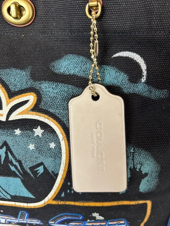 Coach Black Canvas Apple Camp Tote with Yellow Handles and Blue Trim - Picture 3 of 13